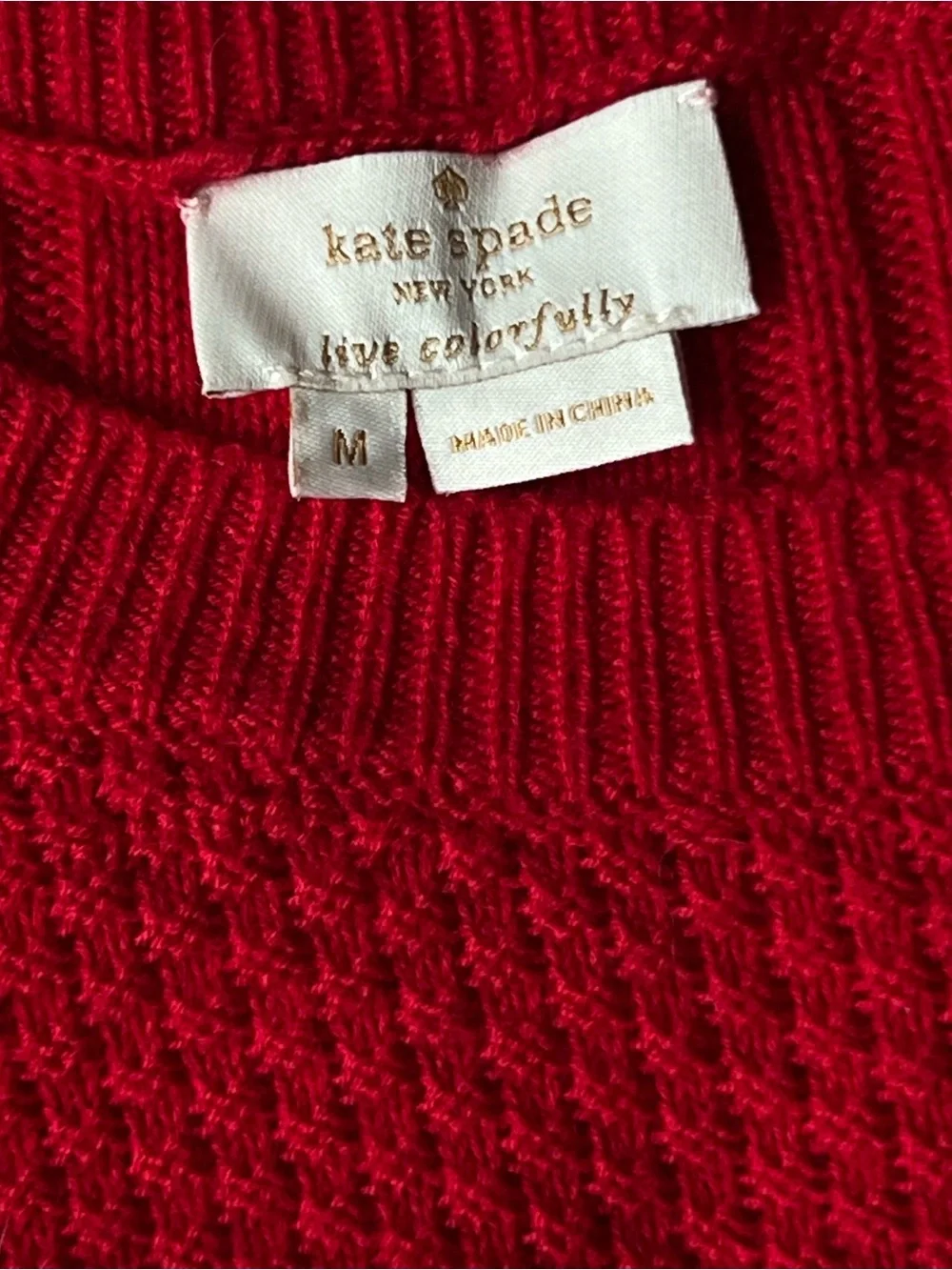 KATE SPADE NY Wool Blend Red Ruffle Popcorn-Knit Crew Sweater